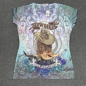 Sweet Gisele XL Cowgirl San Antonio V-Neck Rhinestone Graphic Top